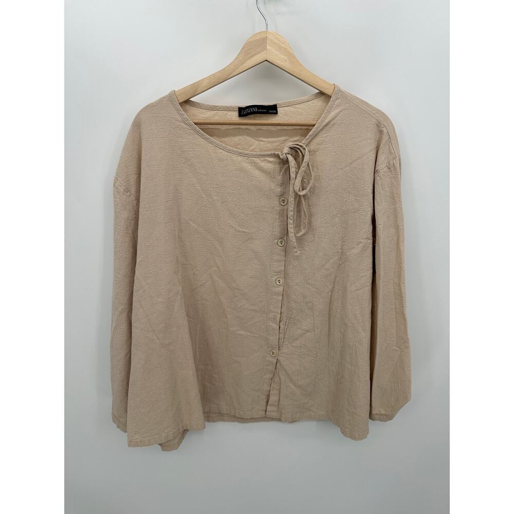 Zanzea Button Up Shirt Women XL* Tan Tie Front Lagenlook Boho Top‎ Cotton